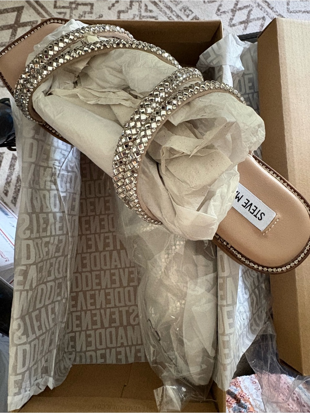 Steve Madden Nude Crystal-Embellished Double Strap Slide Mules